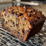 Slices of moist chocolate chip banana bread on a white plate.