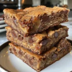 Close-up overhead shot of several moist banana bread blondies with chocolate chips, arranged on parchment paper.