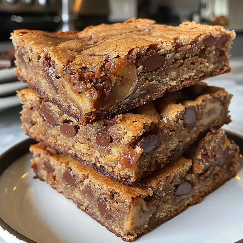 Close-up overhead shot of several moist banana bread blondies with chocolate chips, arranged on parchment paper.