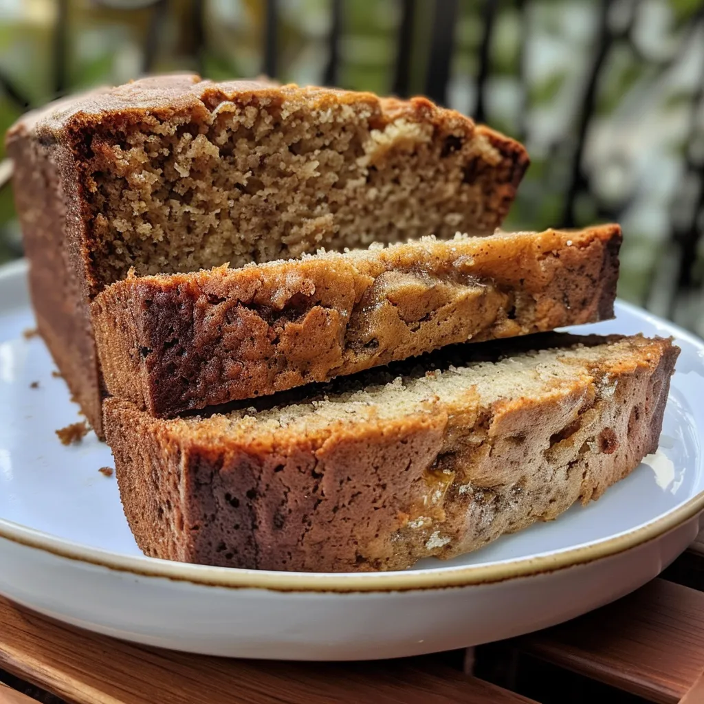Delicious slices of moist banana bread stacked, with a pat of butter melting on top.