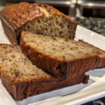 A slice of moist banana bread with a pat of butter melting on top.