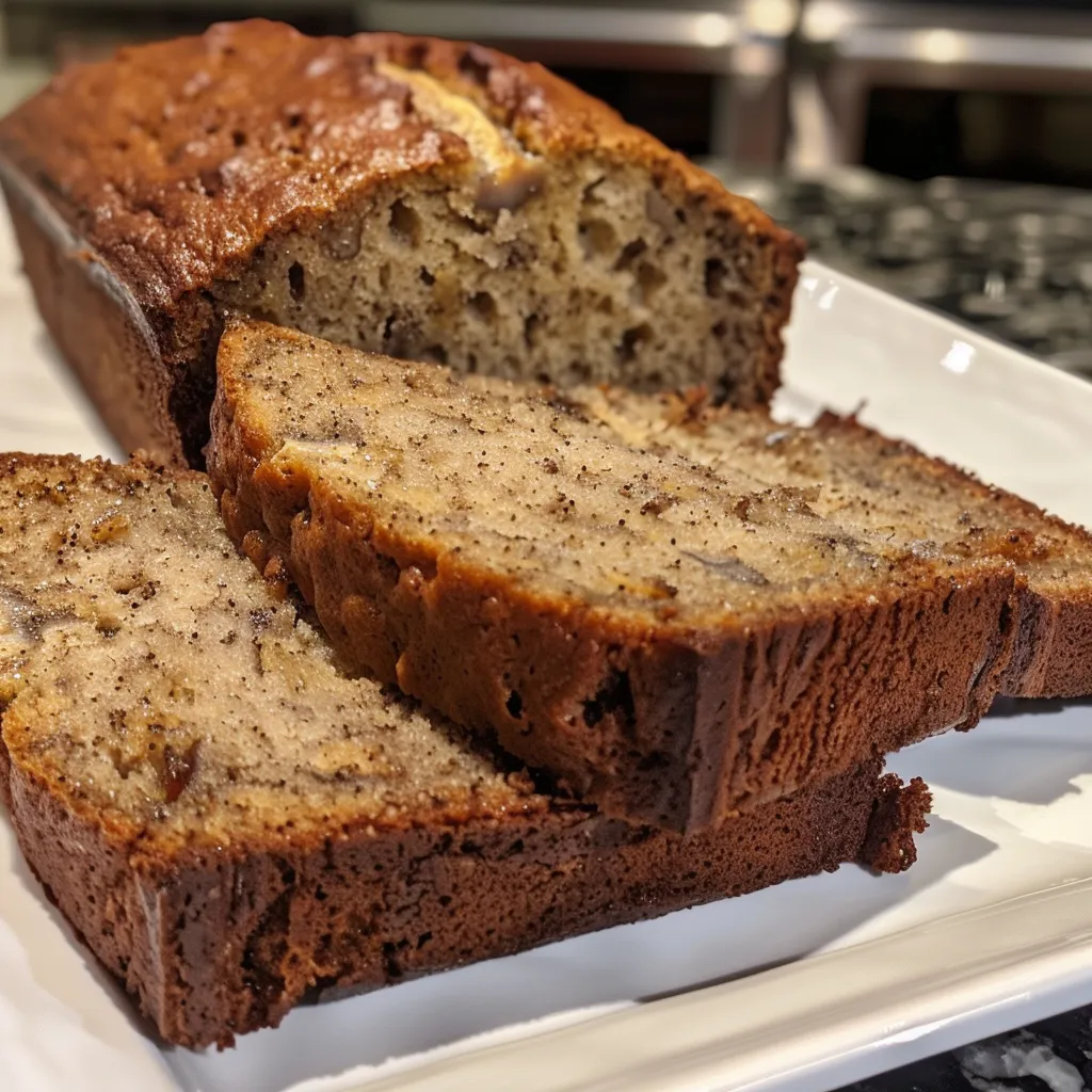 A slice of moist banana bread with a pat of butter melting on top.
