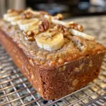 Close-up of three slices of moist banana nut bread, showcasing the texture and nuts.