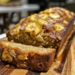 A loaf of delicious pineapple banana bread sliced on a cutting board, with a bunch of bananas in the background.