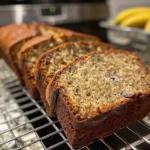 Slices of moist sour cream banana bread on a dark surface.