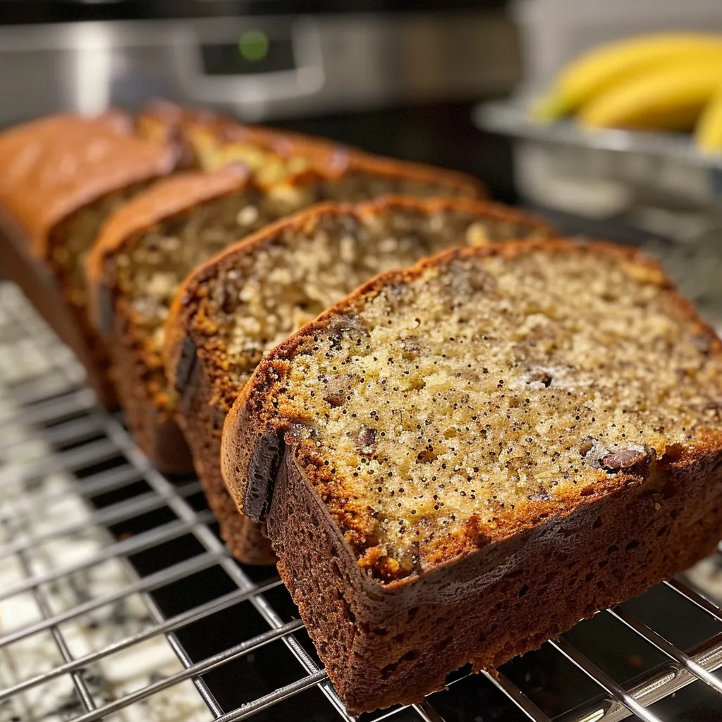 Slices of moist sour cream banana bread on a dark surface.