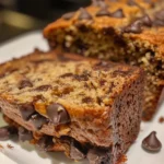 Delicious loaf of Super Moist Chocolate Chip Banana Bread sliced on a wooden board, surrounded by chocolate chips and bananas.