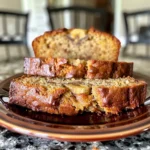 Golden-brown banana bread, glistening with a honey glaze, topped with powdered sugar and a pat of butter.