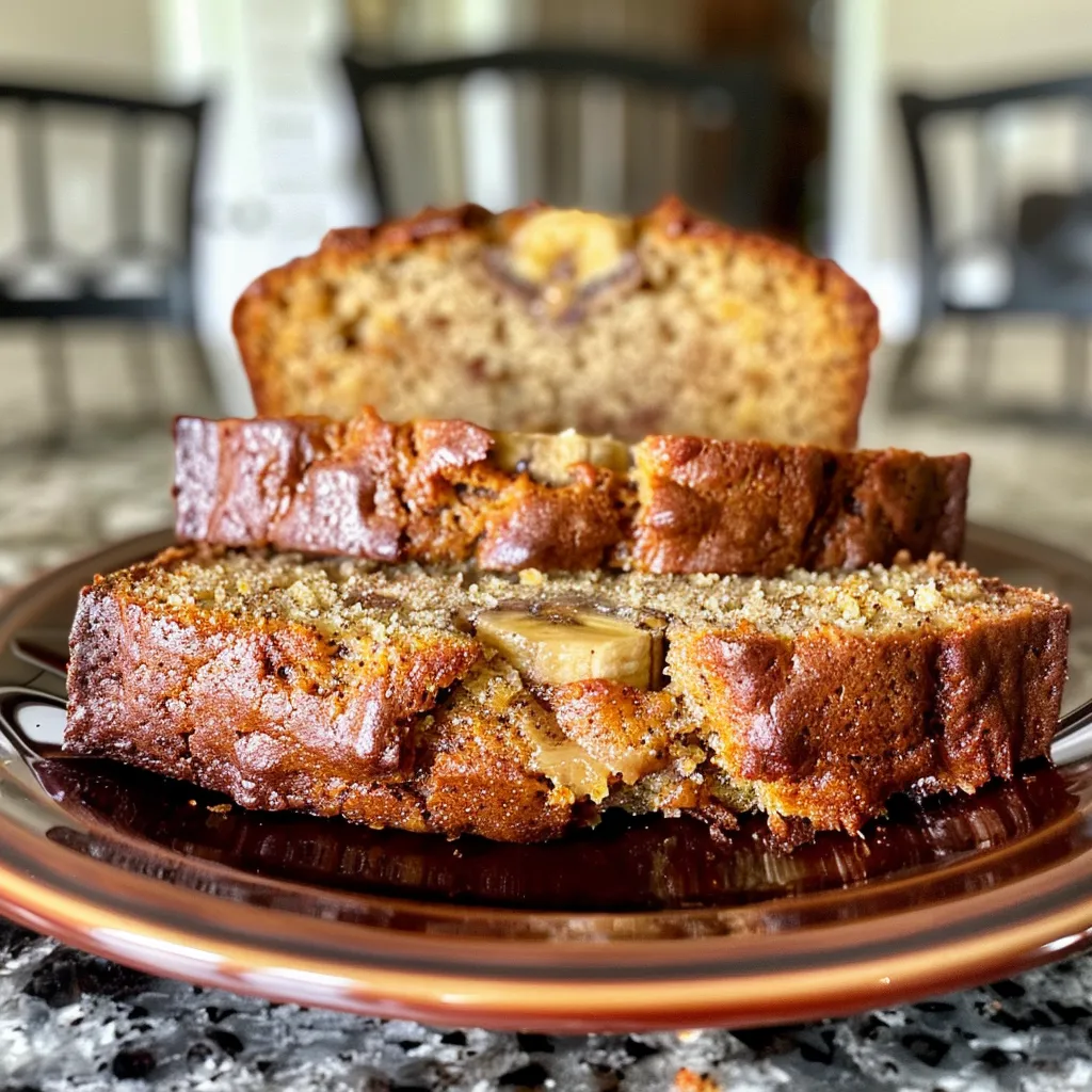 Golden-brown banana bread, glistening with a honey glaze, topped with powdered sugar and a pat of butter.