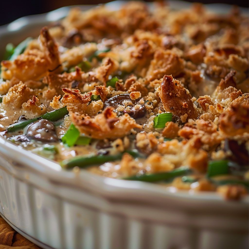 Close-up of a creamy green bean casserole topped with crispy onions, illuminated by natural light.
