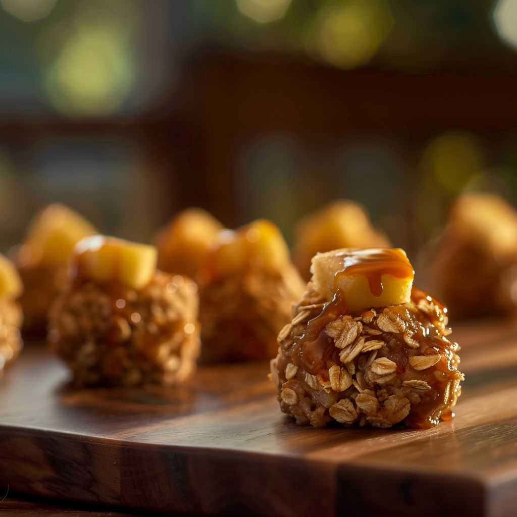 Close-up of caramel apple crisp bites drizzled with caramel sauce.