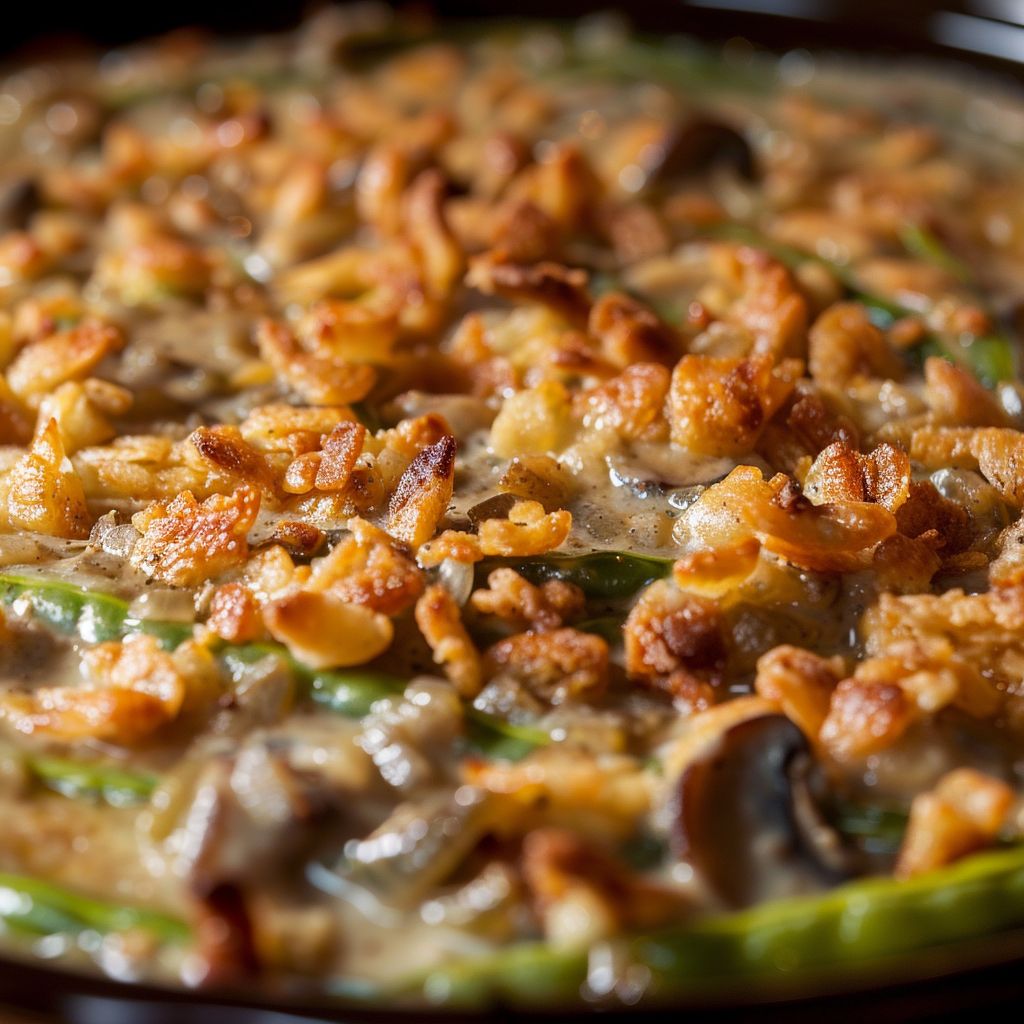 Close-up of a creamy green bean casserole topped with crispy fried onions.