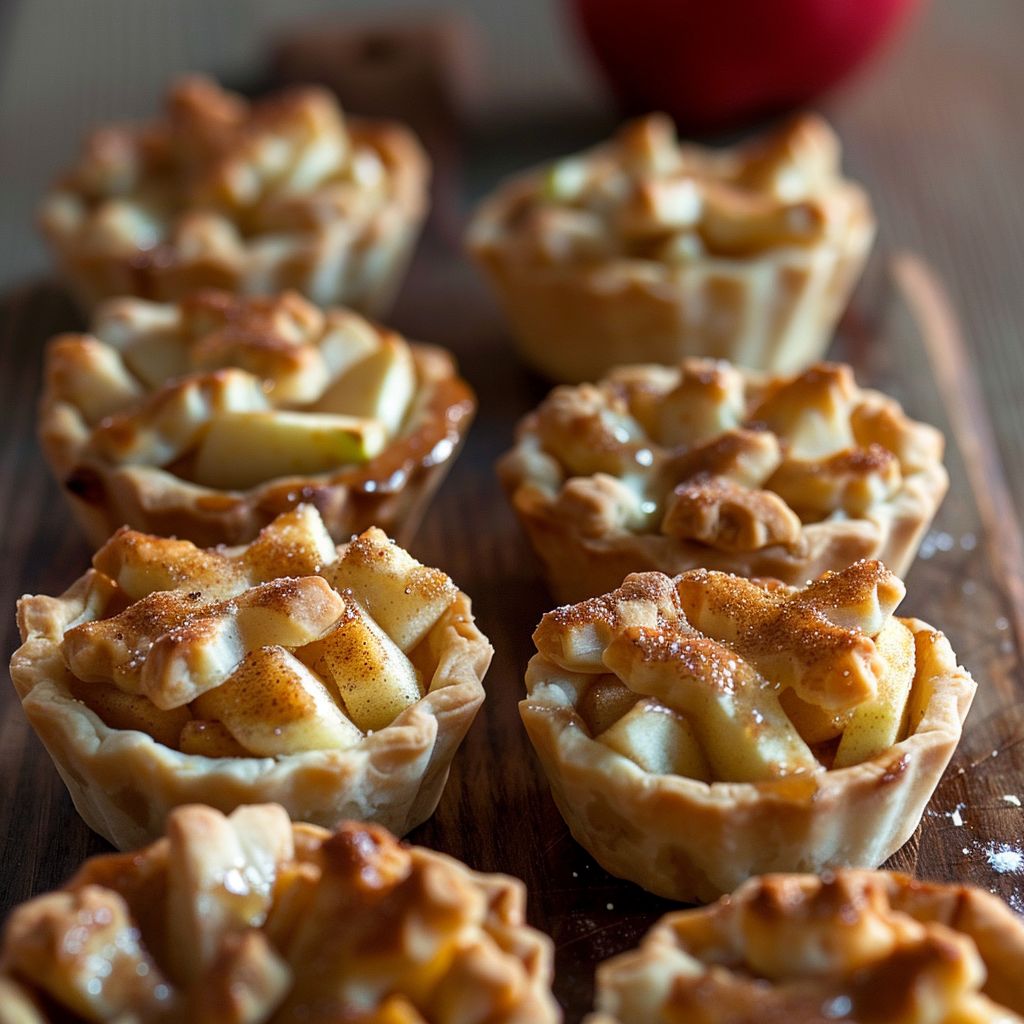 Close-up of golden brown mini apple pies on a rustic table, showcasing flaky crust and apple filling.