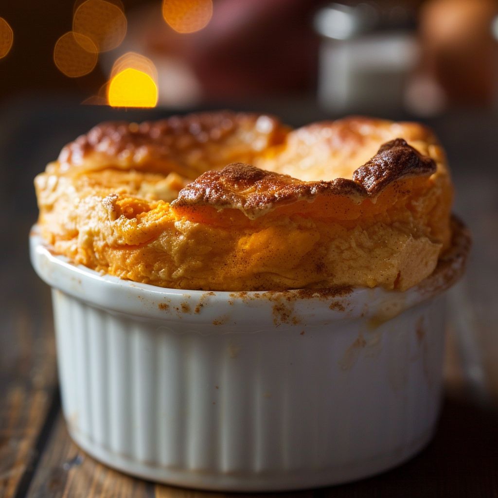 Close-up of a fluffy sweet potato soufflé with a golden top, set against a blurred, cozy background.