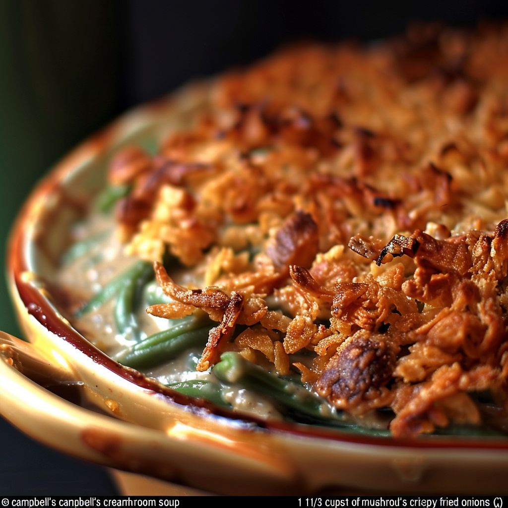 Close-up shot of a creamy green bean casserole topped with crispy fried onions.