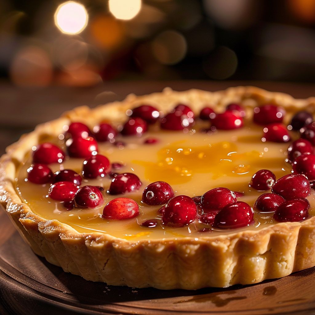 A close-up view of a Cranberry-Orange Curd Tart with a buttery crust and vibrant filling.