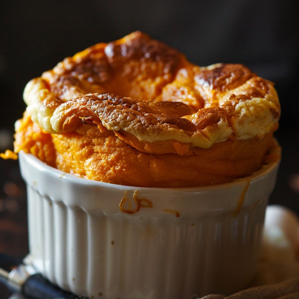 A close-up of a golden-brown Sweet Potato Soufflé with a smooth texture, served in a white dish.