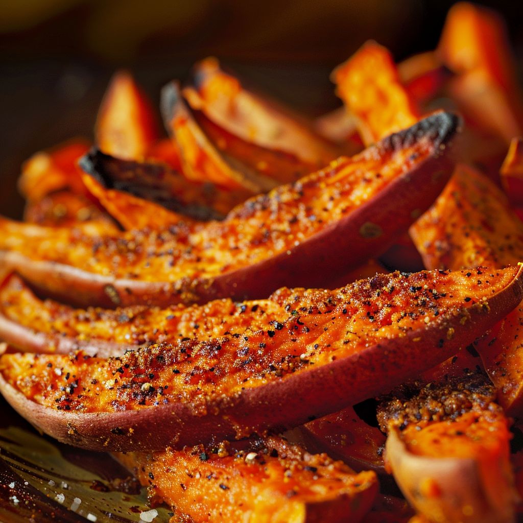 Close-up shot of crispy oven-baked sweet potato fries, showcasing their texture and golden color.