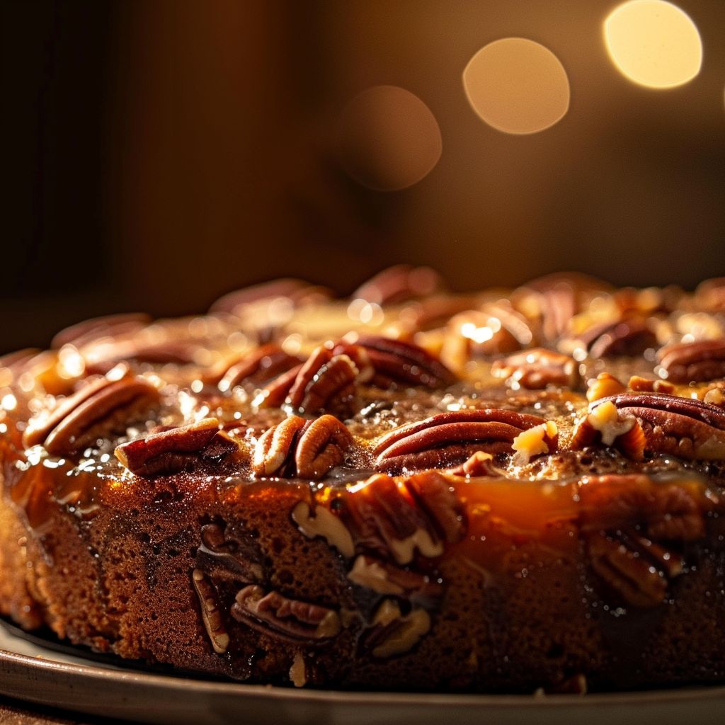 Close-up of a caramelized pecan upside-down cake showing a glossy topping and chopped pecans.