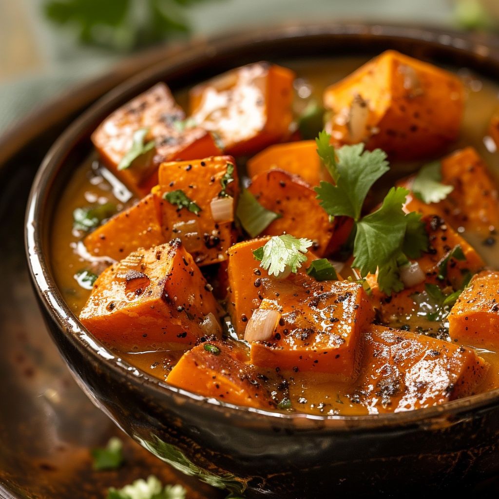 A close-up view of a creamy roasted sweet potato soup in a bowl, garnished with herbs, with soft warm lighting.