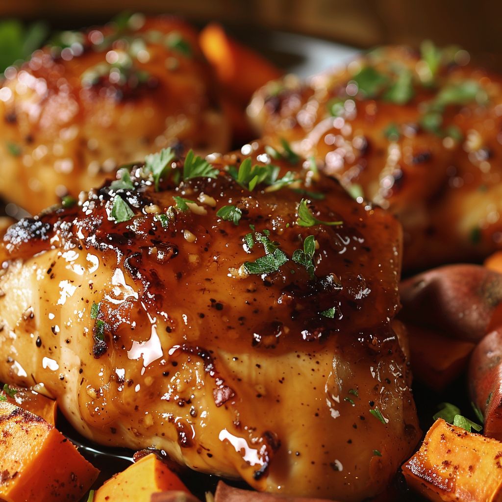 Close-up of maple-glazed chicken with sweet potatoes, beautifully arranged on a plate.