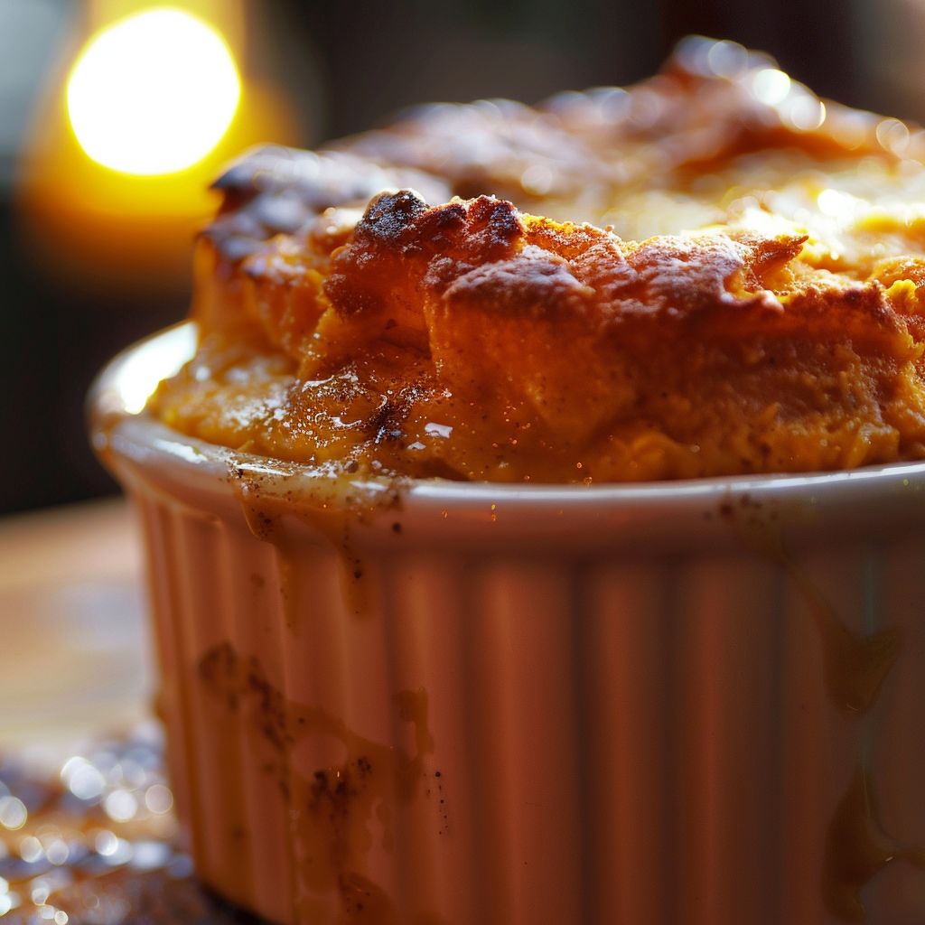 A close-up view of a golden-brown Sweet Potato Soufflé with a soft, fluffy texture.