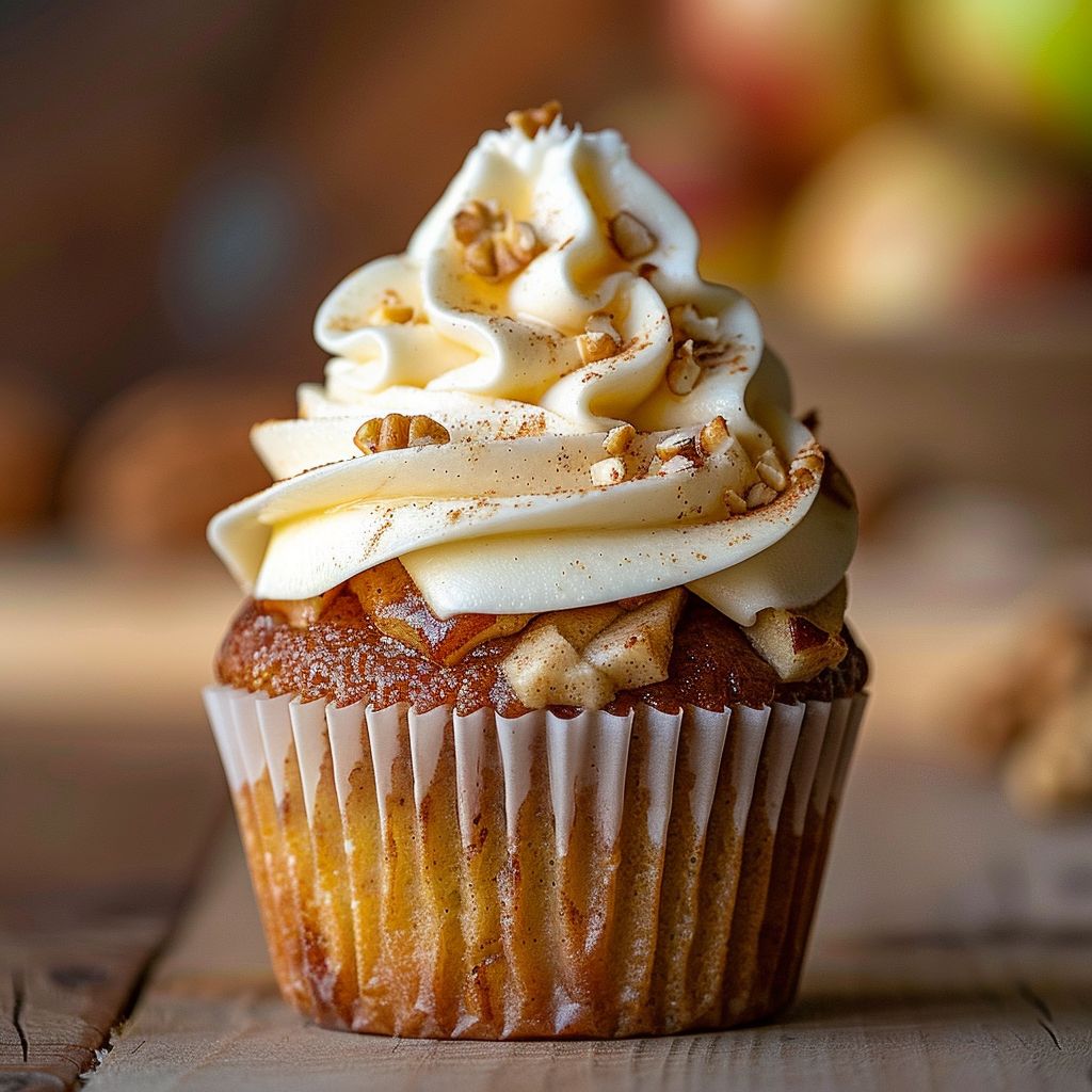 Close-up of a freshly baked cupcake topped with whipped cream and apple pie filling.