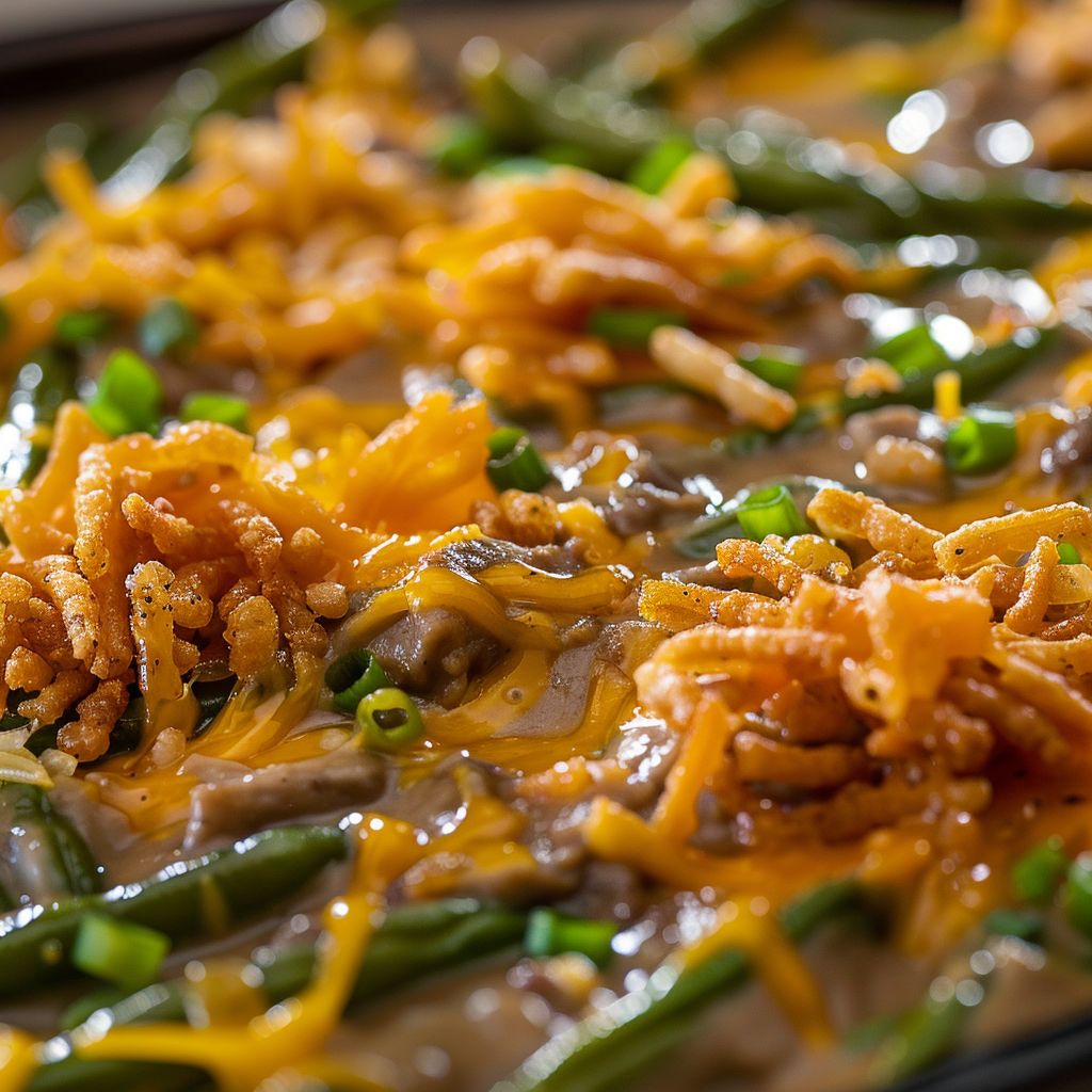 Close-up of a golden-baked green bean casserole topped with crispy French fried onions.