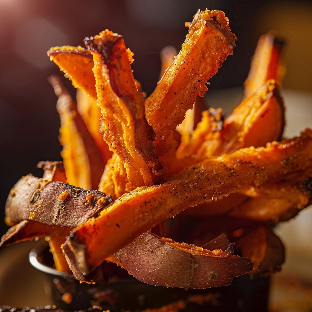 Close-up photograph of crispy, golden sweet potato fries on a wooden table.
