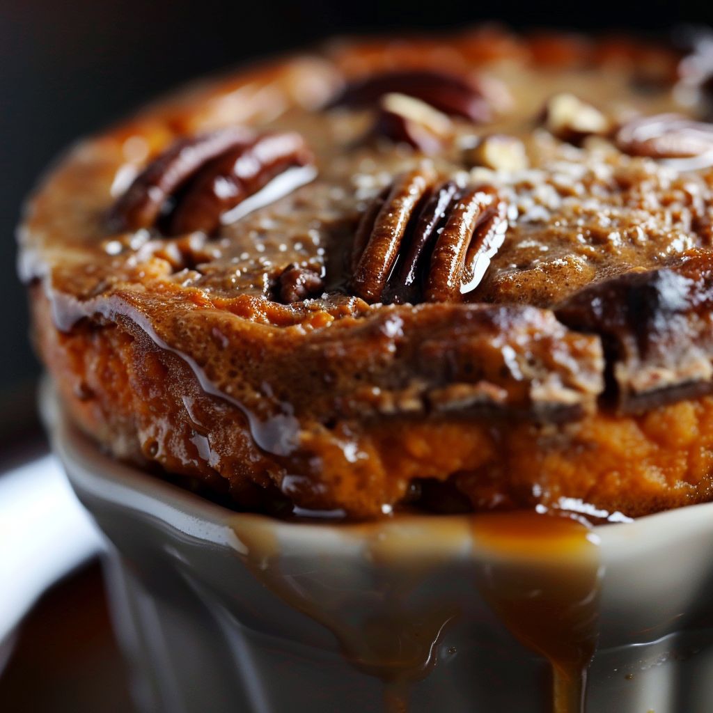 Close-up of a creamy sweet potato soufflé topped with chopped pecans, set against a blurred background.
