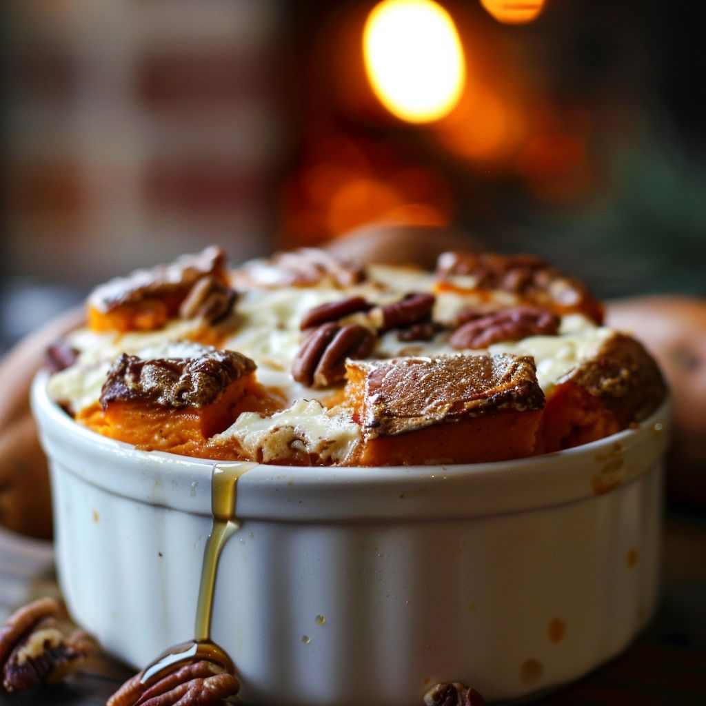 Close-up of a golden-brown Sweet Potato Soufflé with a smooth texture, garnished with chopped pecans.
