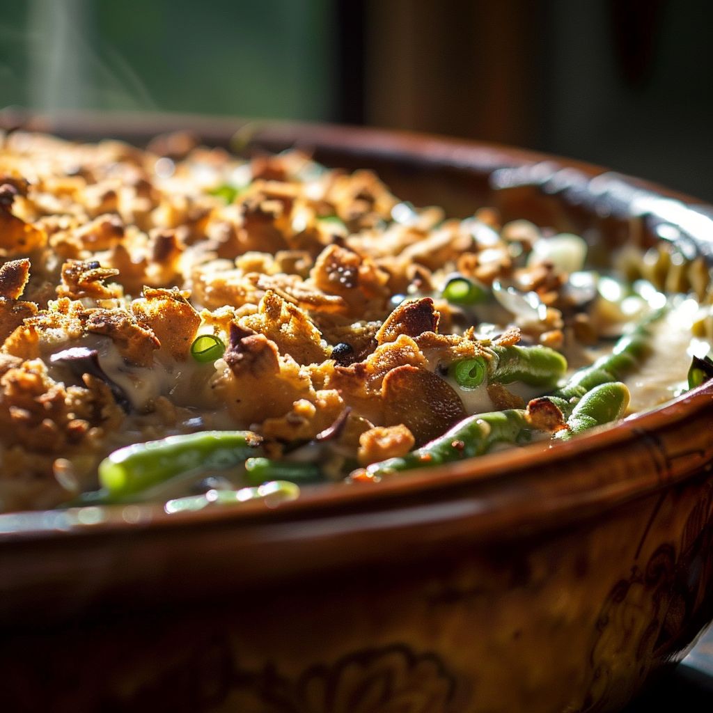Close-up of a creamy green bean casserole topped with crispy onions, illuminated by natural light.