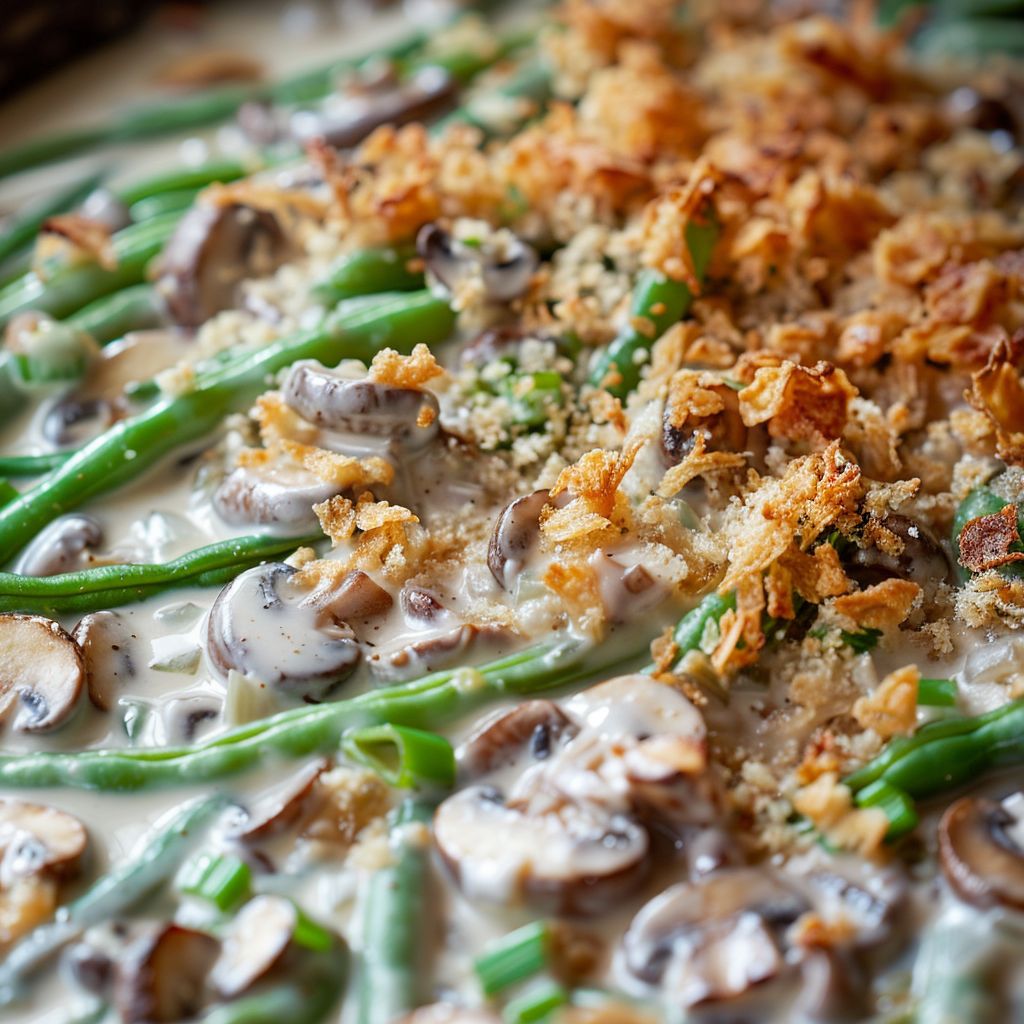 Close-up of a creamy green bean casserole with crispy onions topping, served in a rustic dish.