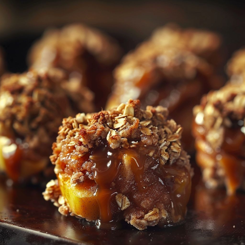 Close-up of caramel apple crisp bites drizzled with caramel sauce.
