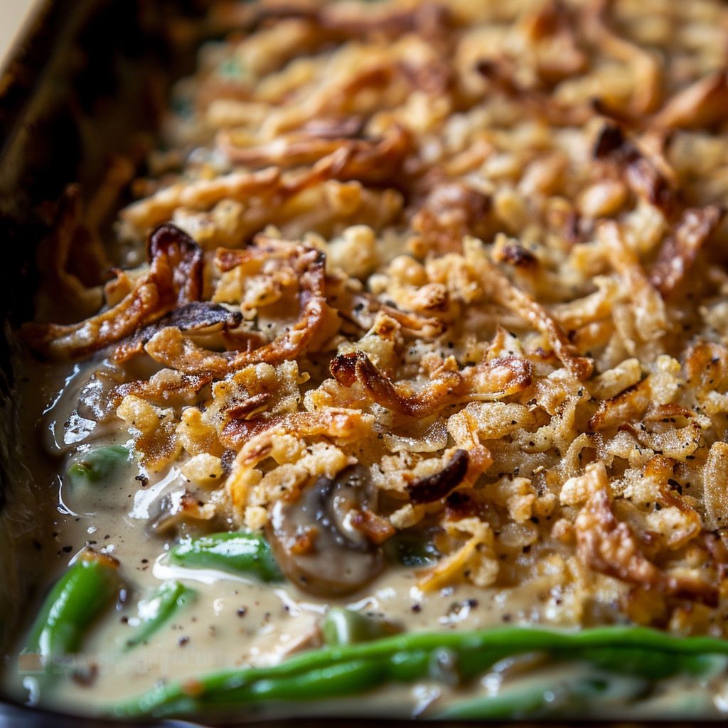 Close-up of a creamy green bean casserole topped with crispy fried onions.