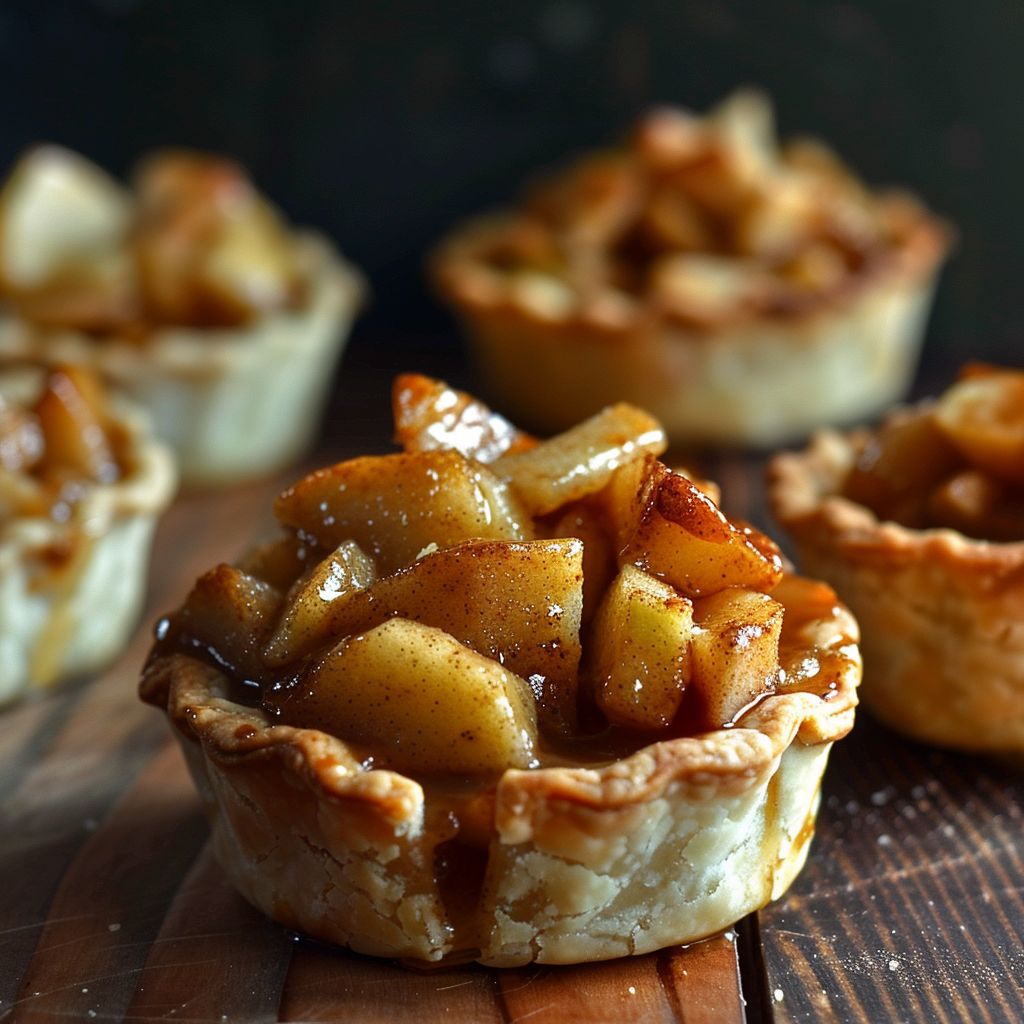 Close-up of golden brown mini apple pies on a rustic table, showcasing flaky crust and apple filling.