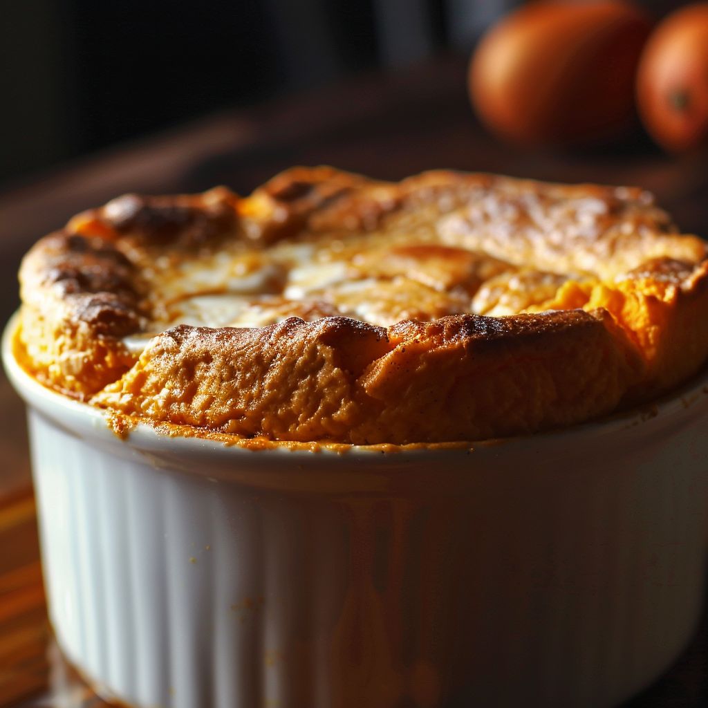 Close-up of a fluffy sweet potato soufflé with a golden top, set against a blurred, cozy background.