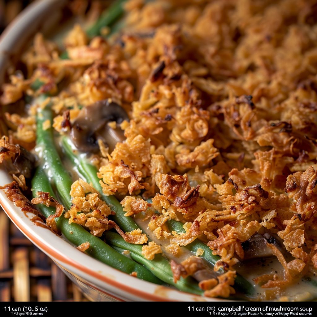 Close-up shot of a creamy green bean casserole topped with crispy fried onions.