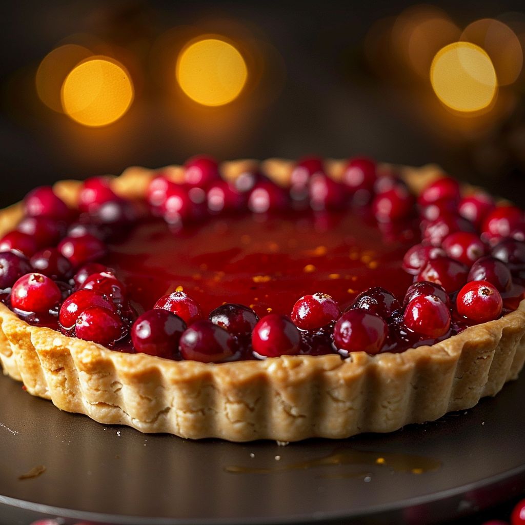 A close-up view of a Cranberry-Orange Curd Tart with a buttery crust and vibrant filling.
