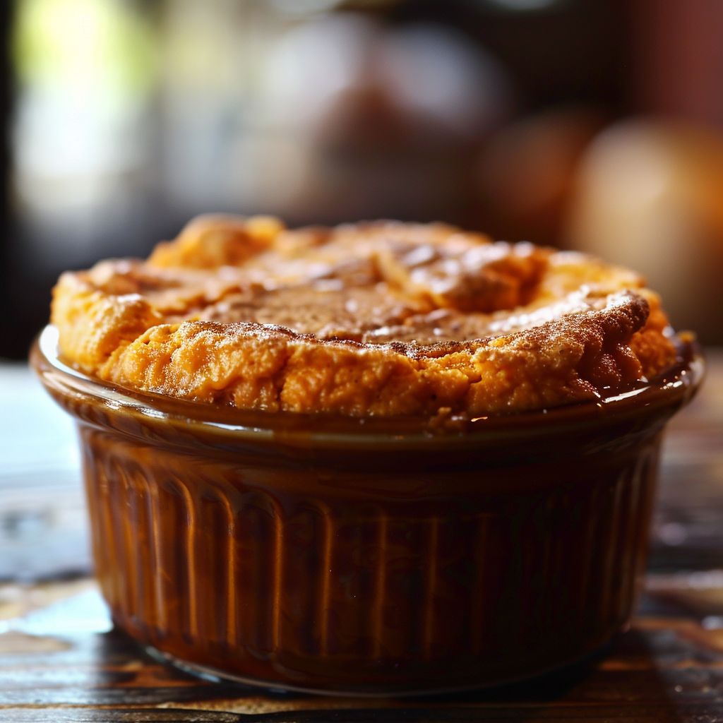 A close-up of a golden-brown Sweet Potato Soufflé with a smooth texture, served in a white dish.