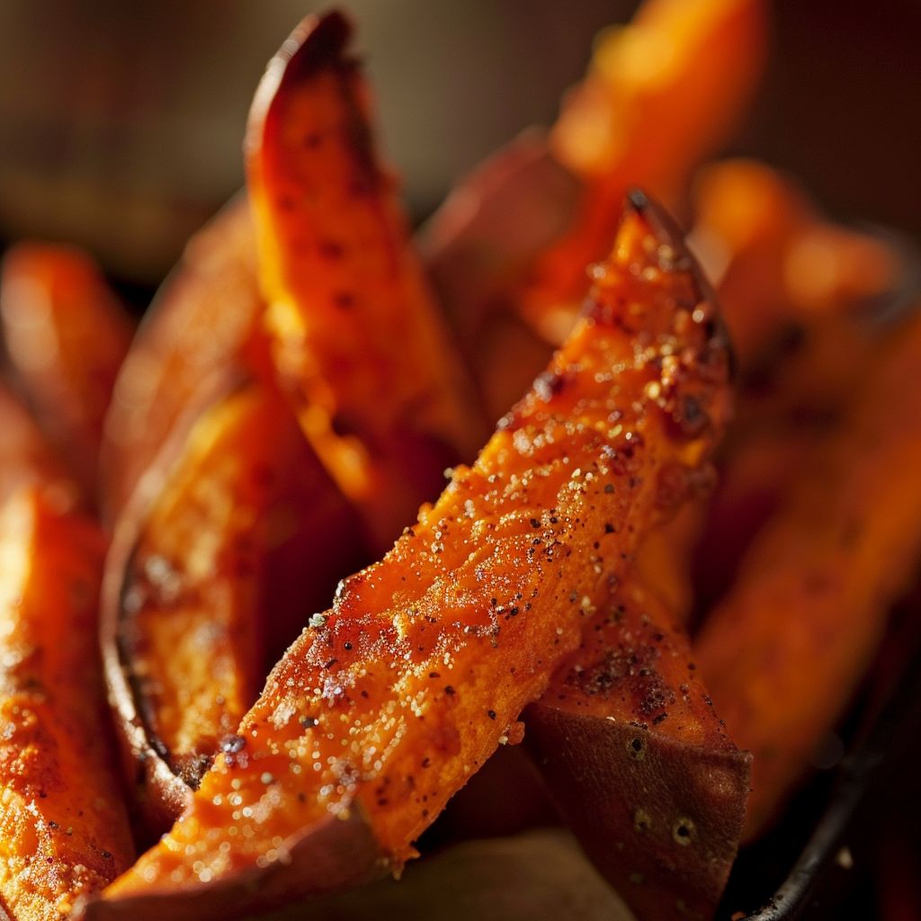 Close-up shot of crispy oven-baked sweet potato fries, showcasing their texture and golden color.