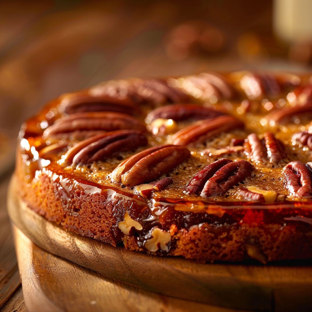 Close-up of a caramelized pecan upside-down cake showing a glossy topping and chopped pecans.