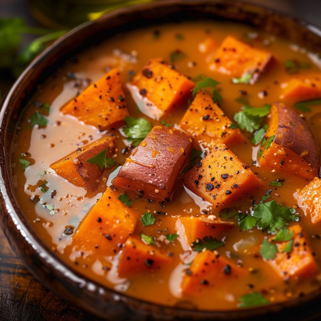 A close-up view of a creamy roasted sweet potato soup in a bowl, garnished with herbs, with soft warm lighting.
