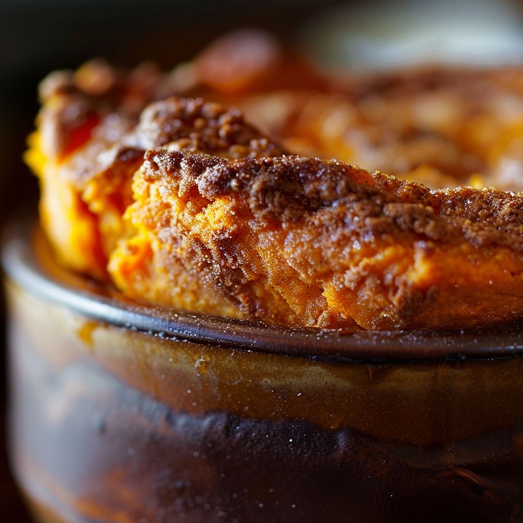 A close-up view of a golden-brown Sweet Potato Soufflé with a soft, fluffy texture.
