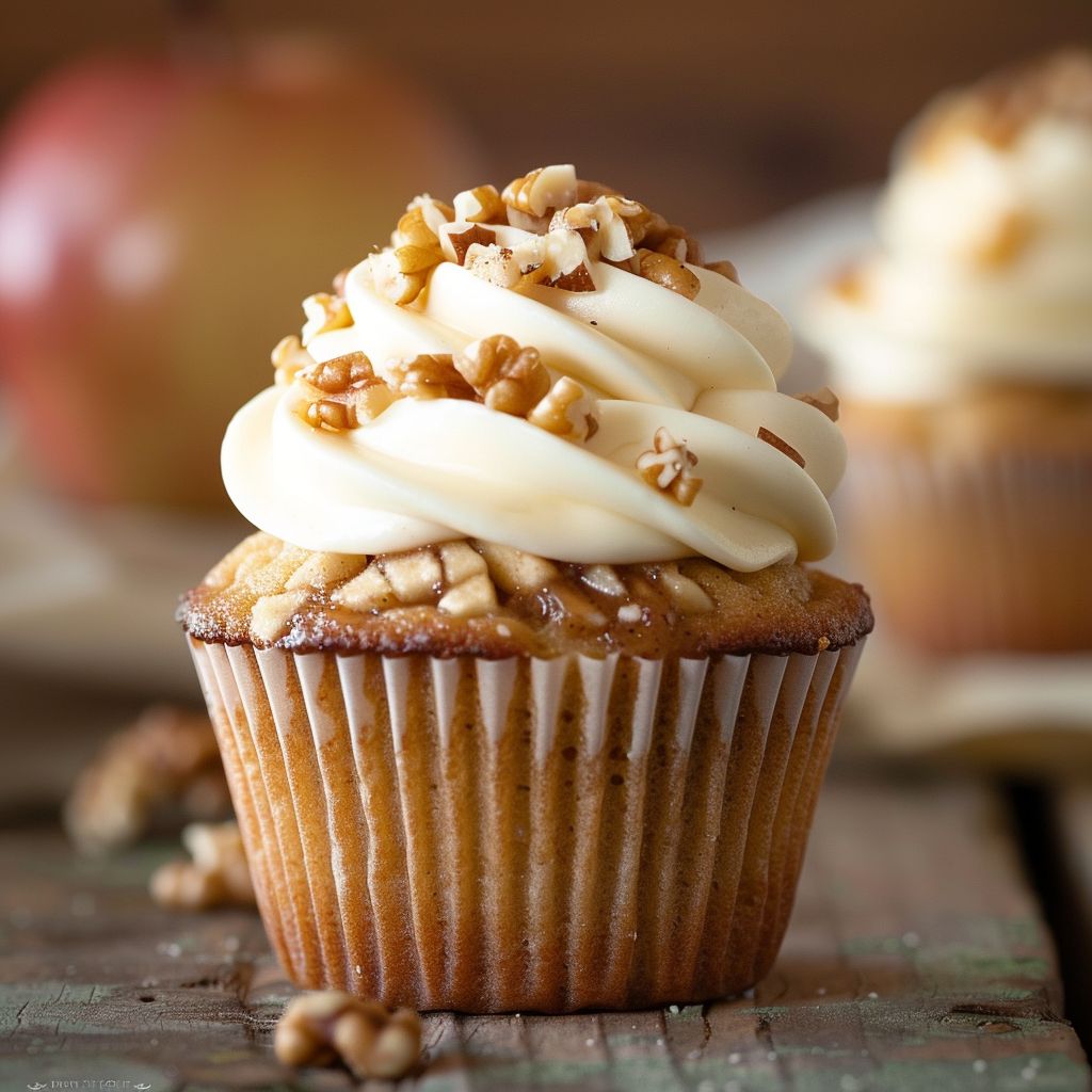 Close-up of a freshly baked cupcake topped with whipped cream and apple pie filling.
