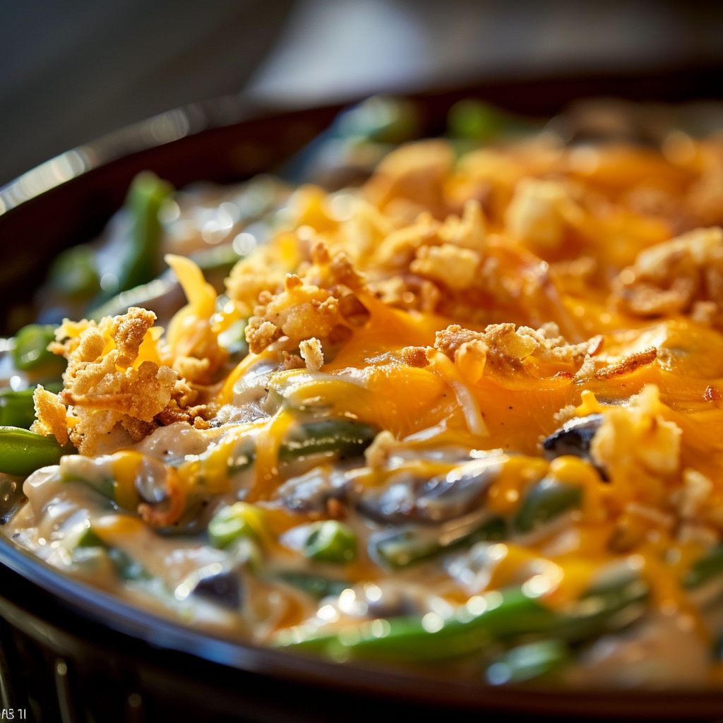 Close-up of a golden-baked green bean casserole topped with crispy French fried onions.
