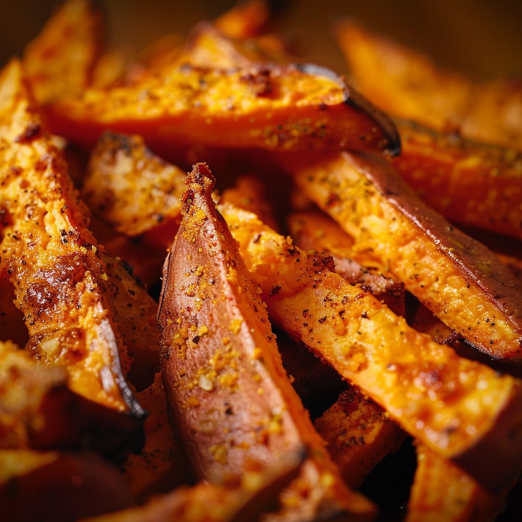 Close-up photograph of crispy, golden sweet potato fries on a wooden table.