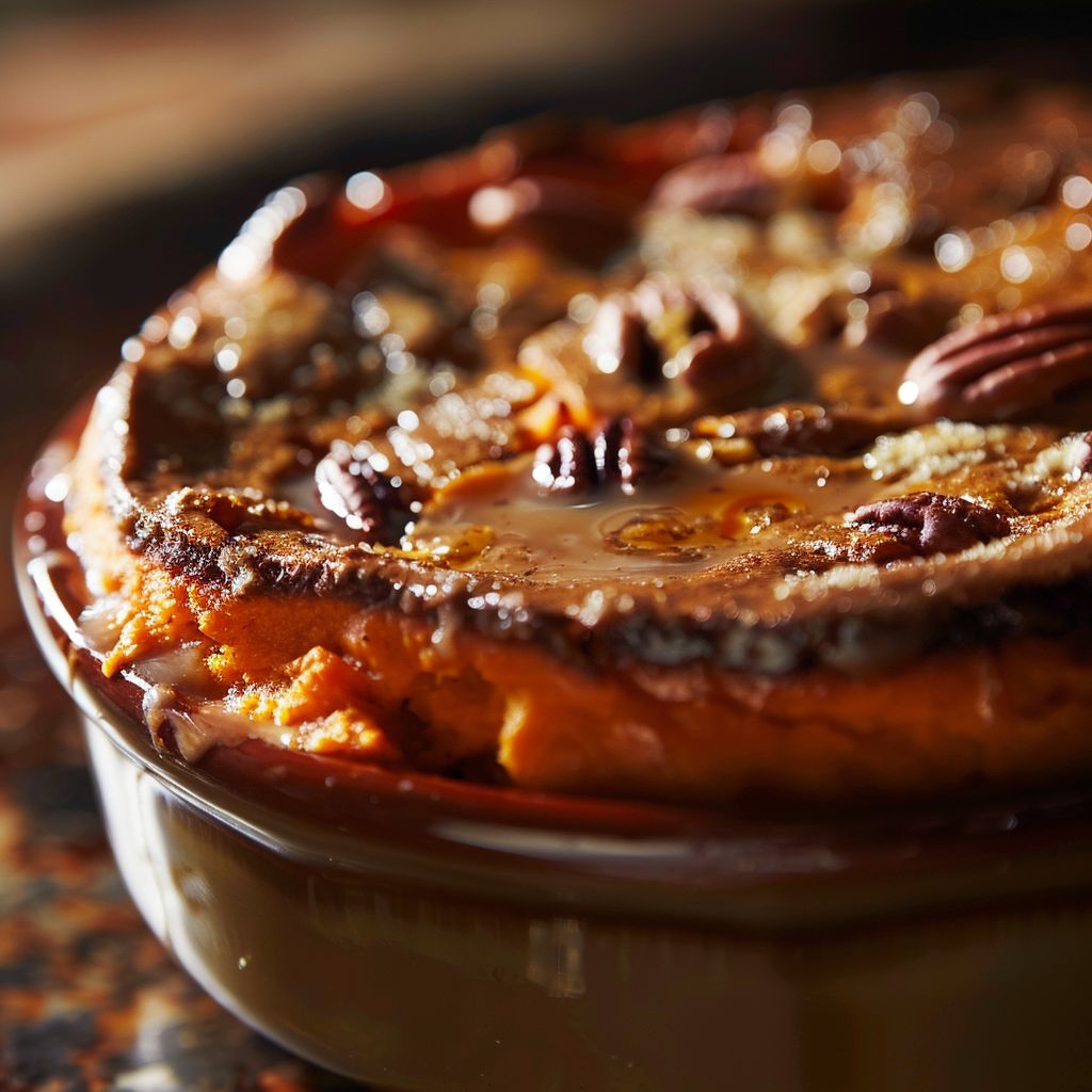 Close-up of a creamy sweet potato soufflé topped with chopped pecans, set against a blurred background.