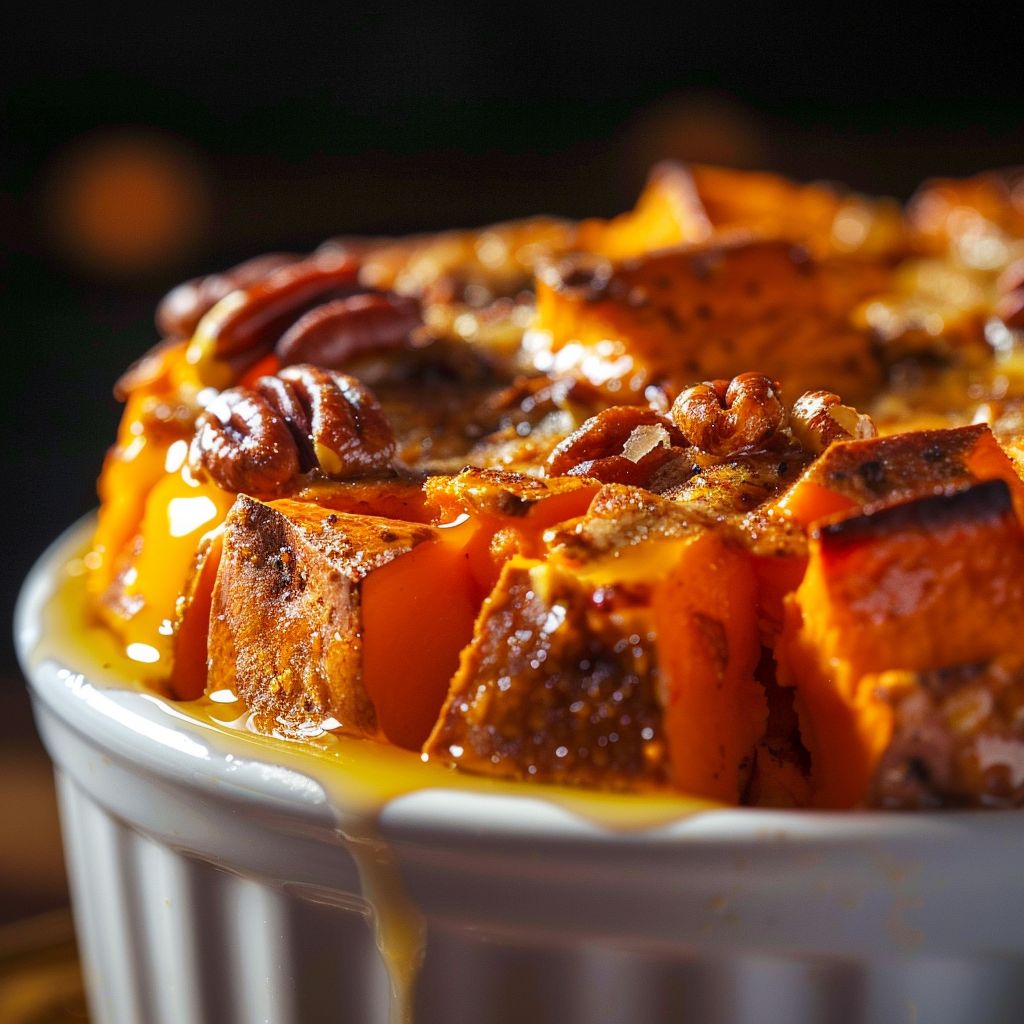 Close-up of a golden-brown Sweet Potato Soufflé with a smooth texture, garnished with chopped pecans.