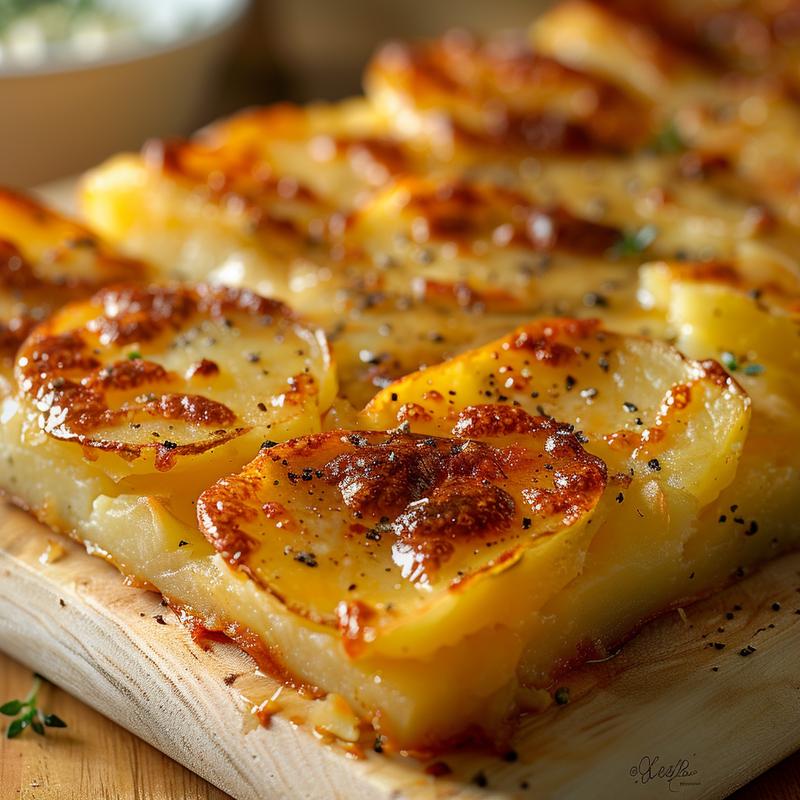 Close-up of a delicious serving of crack breakfast casserole on a light grey ceramic plate.